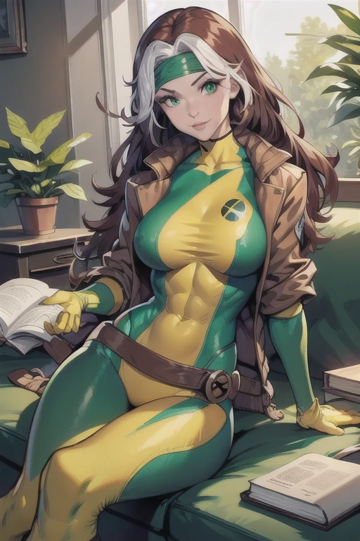 (masterpiece, best quality:1.2), classicrogue, 1girl, solo, long hair, breasts, smile, large breasts, brown hair, green eyes, jacket, big hair, white hair, multicolored hair, parted lips, open clothes, belt, two-tone hair, open jacket, lips, bodysuit, covered navel, makeup, muscular, headband, abs, skin tight, multicolored clothes, muscular female, dyed bangs, multicolored bodysuit, green bodysuit, yellow bodysuit, butterfly, bug, window, sitting, indoors, plant, book, laptop, computer, couch, looking at viewer, closed mouth, blurry, blue butterfly, potted plant, building, expressionless, depth of field, book stack, day