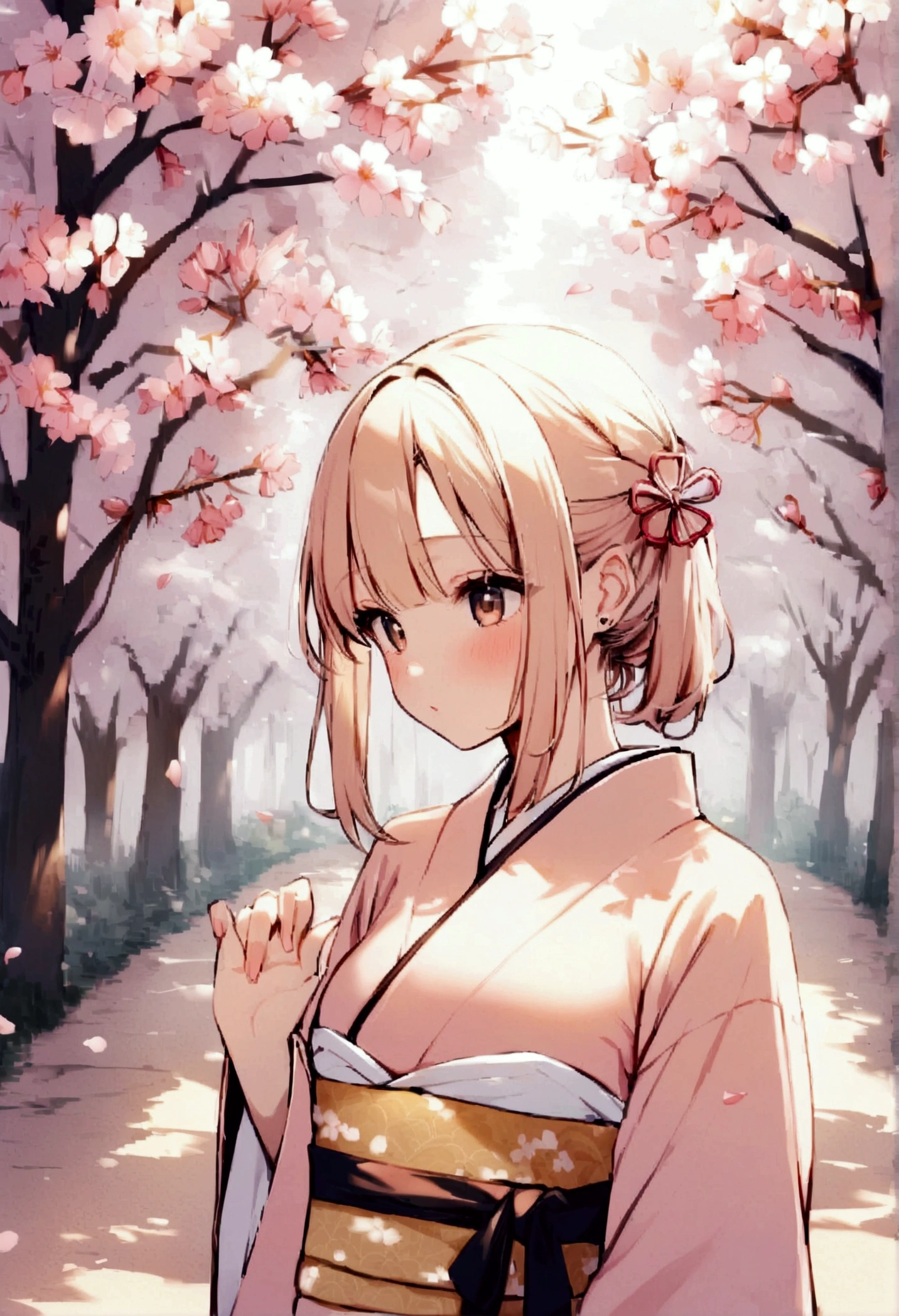 (high resolution,high quality), Kimono in Light x Water x Forest x Cherry Blossoms x Spring,One girl, cute, 18-year-old,like々Shii