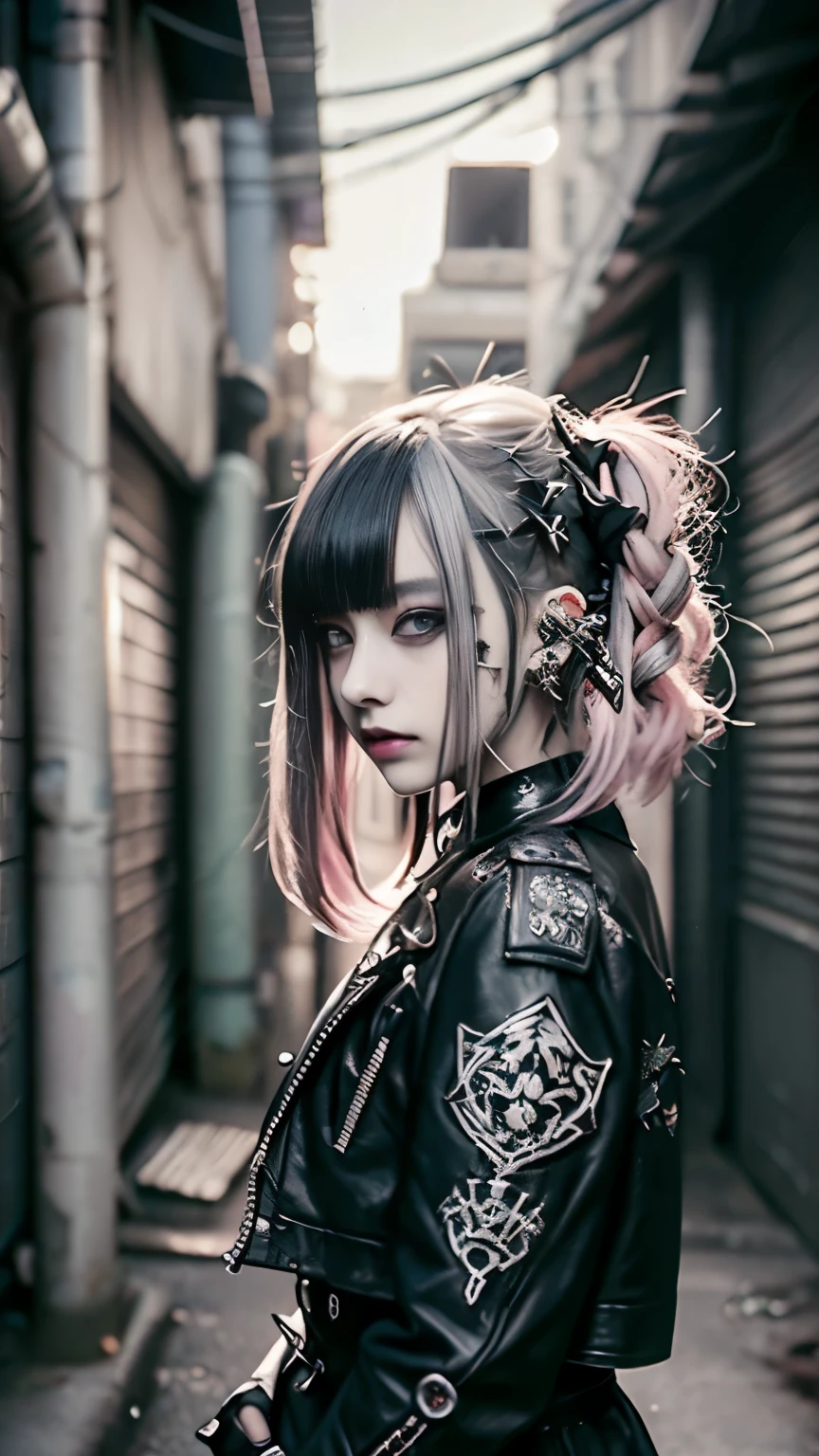 Mohawk、、Goth、(Tabletop), (Portraiture), (beautiful), (beautiful), (Upper blood), (high quality), (beautiful衣服), (Professional Perspective), (Rule of thirds), (feminine), (woman), (beautiful),(feminine features), (Age 25), alone, woman1名, (Attractive punk girl), Winters, Dramatic Light,), anddgy makeup, (Small breasts), , (front), (Resistance的な表情), ((Resistance)), (Leather jackets and tattoos), ((Short hair)), (dyed (and.G. and pink) hair), (spiky hair), (Thick hair), Matte shine hair, (Hair bands scattered in the hair), (Green eyes), (A bold and daring look), (Pale skin), (Dark clothing), (Band T-Shirts), (Ripped jeans), (-), Crew neck), ((Urban alley background)), (Close-up shot), beautiful hands, both hands, Normal hand, Two Arms, Complete Hand, beautiful body, beautiful fingers, Normal finger, Five Fingers, Five Fingers, (Thumb Index Finger Ring Finger), beautiful ears, Normal ear, beautiful eyes, Shining Eyes, beautiful mouth, beautiful lips,
