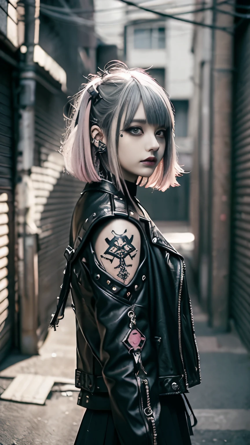 Mohawk、、Goth、(Tabletop), (Portraiture), (beautiful), (beautiful), (Upper blood), (high quality), (beautiful衣服), (Professional Perspective), (Rule of thirds), (feminine), (woman),  (beautiful),(feminine features), (Age 25), alone, woman1名, (Attractive punk girl), Winters, Dramatic Light,), anddgy makeup, (Small breasts), , (front), (Resistance的な表情), ((Resistance)), (Leather jackets and tattoos), ((Short hair)), (dyed (and.G. and pink) hair), (spiky hair), (Thick hair), Matte shine hair, (Hair bands scattered in the hair), (Green eyes), (A bold and daring look), (Pale skin), (Dark clothing), (Band T-Shirts), (Ripped jeans), (-), Crew neck), ((Urban alley background)), (Close-up shot), beautiful hands, both hands, Normal hand, Two Arms, Complete Hand, beautiful body, beautiful fingers, Normal finger, Five Fingers, Five Fingers, (Thumb Index Finger Ring Finger), beautiful ears, Normal ear, beautiful eyes, Shining Eyes, beautiful mouth, beautiful lips,