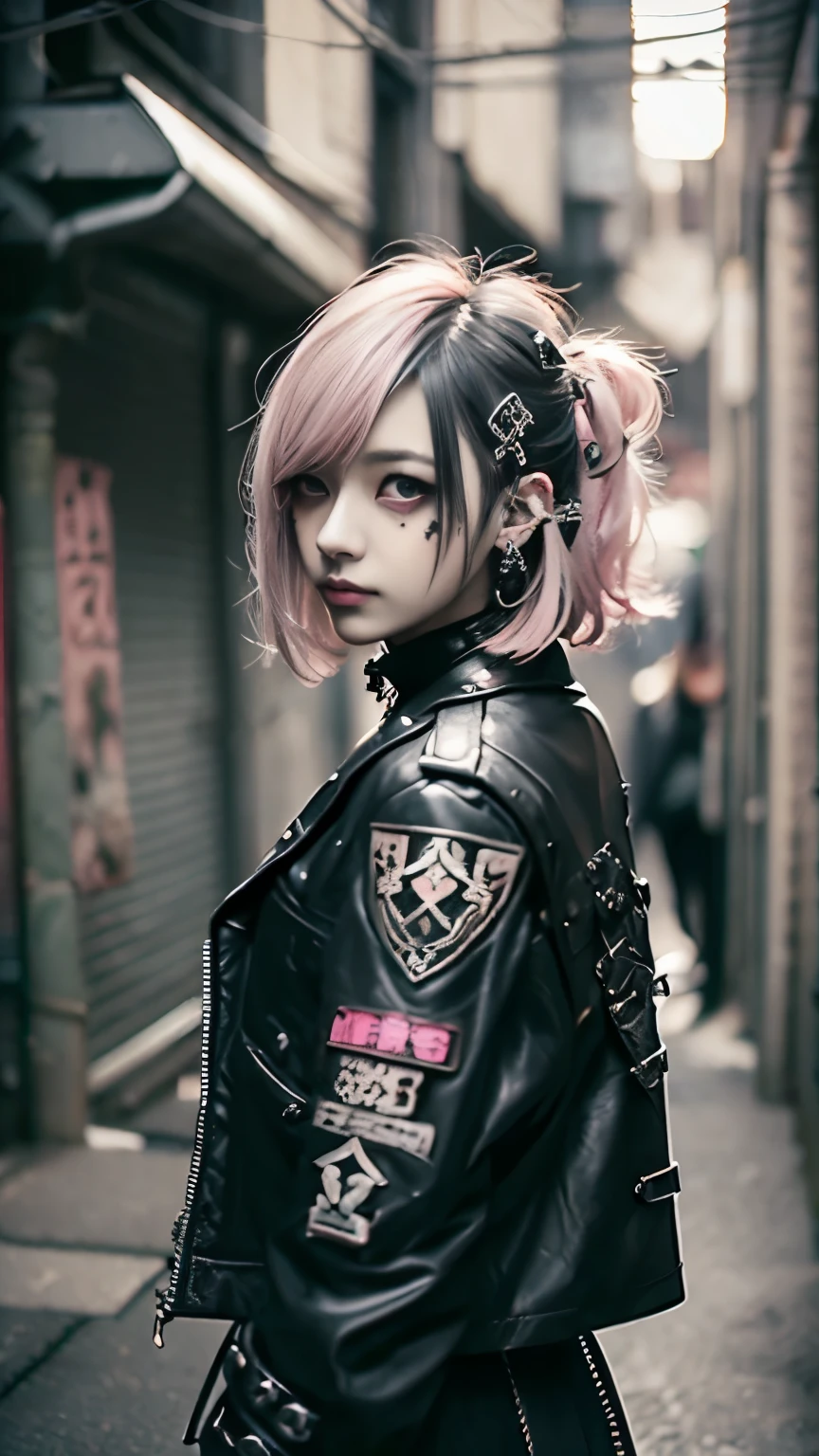 Mohawk、、Goth、(Tabletop), (Portraiture), (beautiful), (beautiful), (Upper blood), (high quality), (beautiful衣服), (Professional Perspective), (Rule of thirds), (feminine), (woman), (beautiful),(feminine features), (Age 25), alone, woman1名, (Attractive punk girl), Winters, Dramatic Light,), anddgy makeup, (Small breasts), , (front), (Resistance的な表情), ((Resistance)), (Leather jackets and tattoos), ((Short hair)), (dyed (and.G. and pink) hair), (spiky hair), (Thick hair), Matte shine hair, (Hair bands scattered in the hair), (Green eyes), (A bold and daring look), (Pale skin), (Dark clothing), (Band T-Shirts), (Ripped jeans), (-), Crew neck), ((Urban alley background)), (Close-up shot), beautiful hands, both hands, Normal hand, Two Arms, Complete Hand, beautiful body, beautiful fingers, Normal finger, Five Fingers, Five Fingers, (Thumb Index Finger Ring Finger), beautiful ears, Normal ear, beautiful eyes, Shining Eyes, beautiful mouth, beautiful lips,