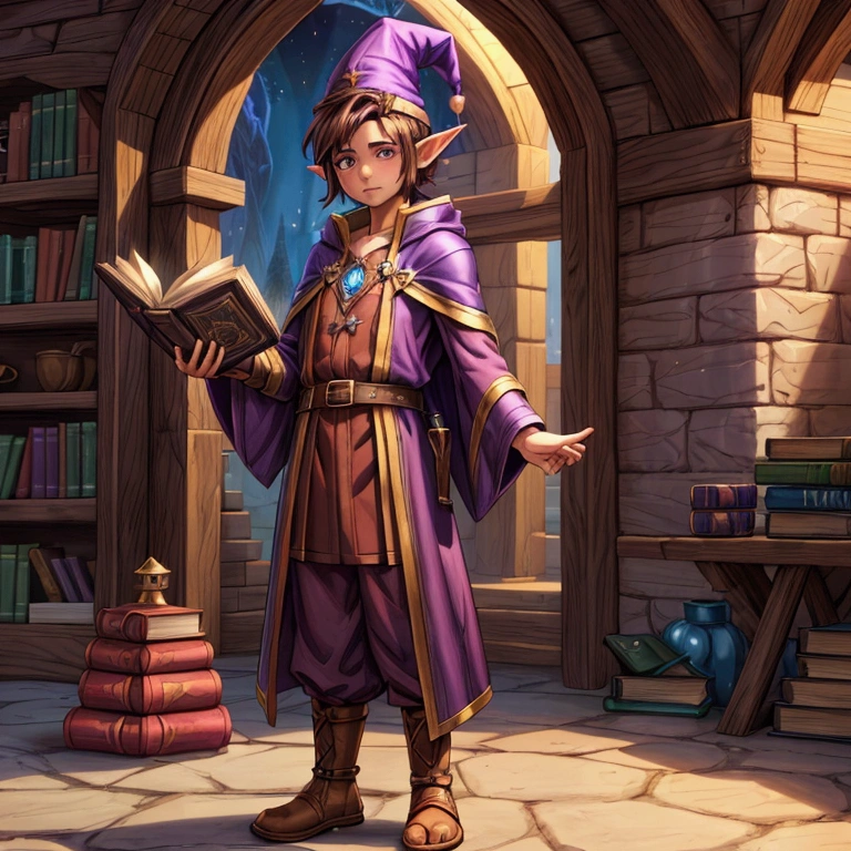 Young Gnome, Fantasy gnome, Alchemist magician, Young Sorcerer, pointy ears, Barba outfit, Brown hair, tousled hair, tunica address, purple clothes, pointed hat, sorcery book, Stubble, short stature, little, low, Simple details, anime, 4k
