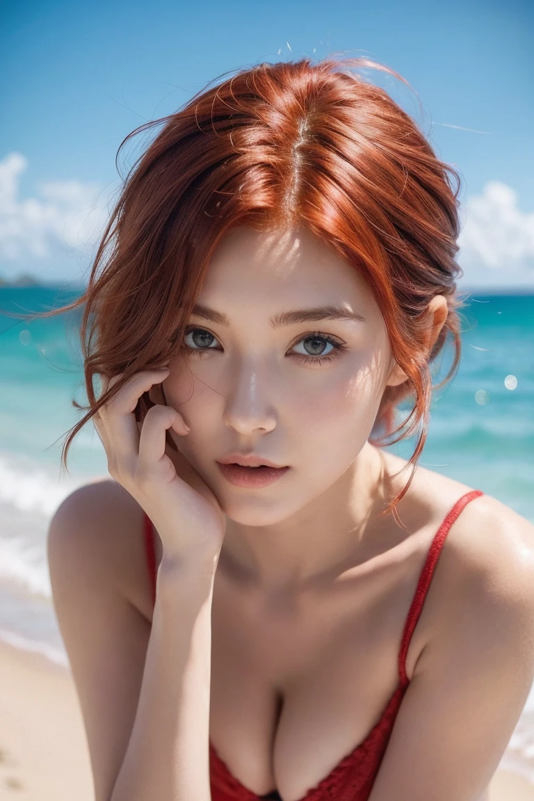 a red-haired girl with wavy pixie hair on a beautiful beach on a realistic sunny day,fullhd,1080,ligthreal