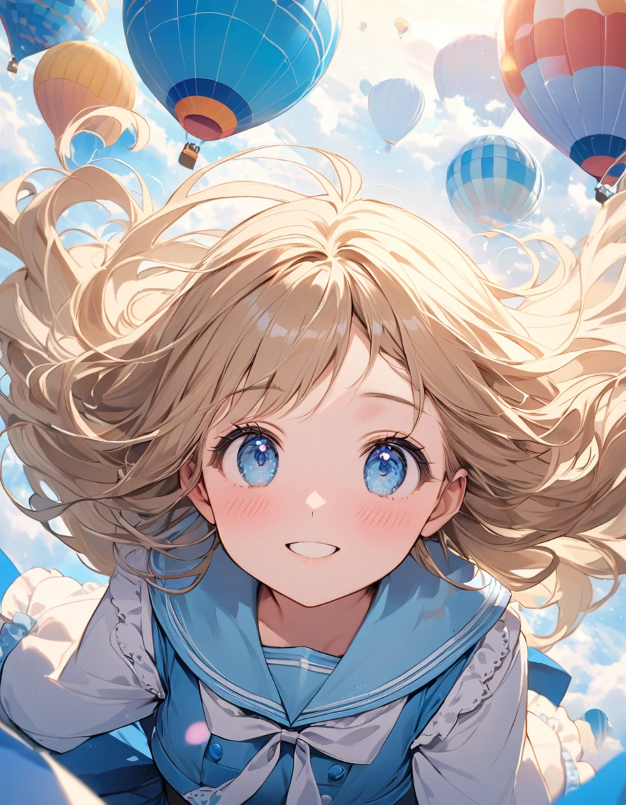(8K, best quality, master piece: 1.2),super high resolution,1 girl,solo,,in the hot air balloon,ultra-detailed face,detailed eyes,Beige hair,long hair,floating hair,blue eyes,lash extension,happy,nose blushfloral pattern sailor collar loliashionin(Light blue:1.5),overhead shot,in the sky