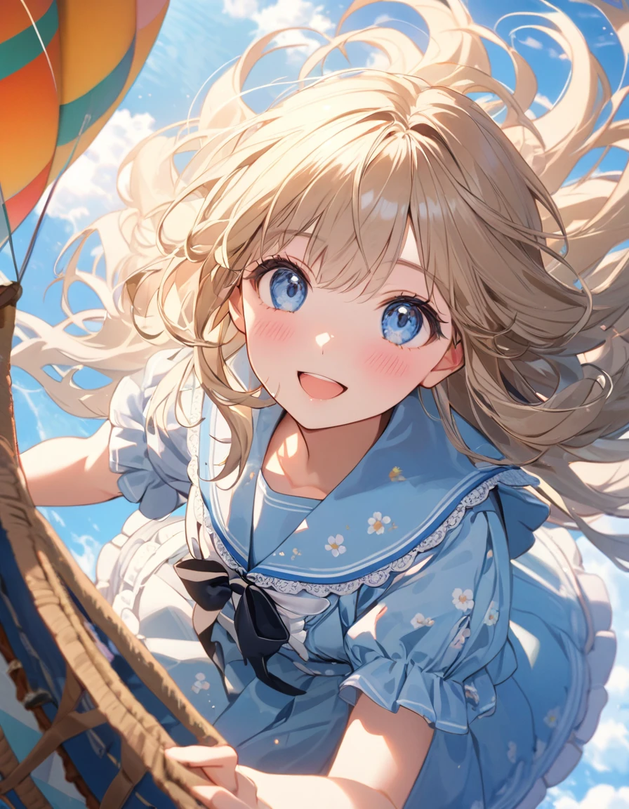 (8K, best quality, master piece: 1.2),super high resolution,1 girl,solo,,in the hot air balloon,ultra-detailed face,detailed eyes,Beige hair,long hair,floating hair,blue eyes,lash extension,happy,nose blushfloral pattern sailor collar lolita fashionin(Light blue:1.5),overhead shot,in the sky