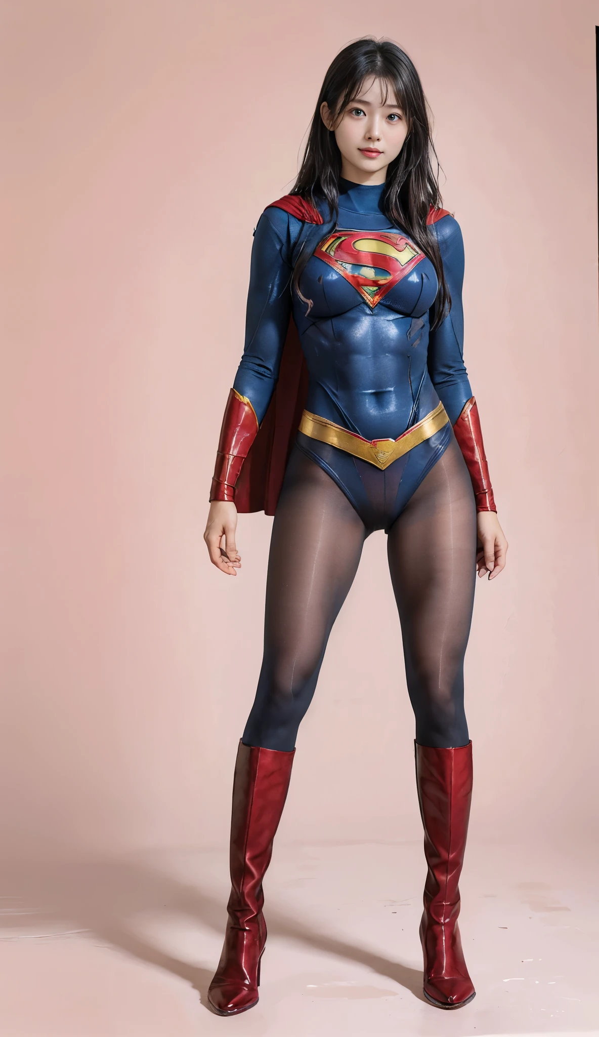No background、(((Beautiful legs in black tights.)))、(((Legally express the beauty of your smile)))、((((Make the most of your original images)))、(((Supergirl Costume)))、(((Beautiful Hair)))、(((suffering)))、(((Please wear black tights....、Wear red boots)))、((Best image quality、8k))、((Highest quality、8k、masterpiece:1.3))、(((Preserve background )))、Sharp focus:1.2、Beautiful woman with perfect figure:1.4、Slim Abs:1.2、Wet body:1.5、Highly detailed face and skin texture、8k