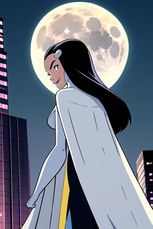 Tinya Wazzo, solo,black hair, long hair. grey eyes, smile, grey lips, white cape, long cape, best quality, masterpiece, 1girl, Masterpiece, Best Quality, Detail, city, moon, night, From Behind, From Below, cape in front, looking at view