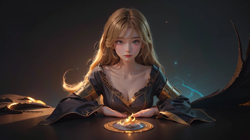 Polychrome,, night, dark, blonde, Show Viewer, In-person audience, Limited Edition Palette, Dragon Background, Shine,(Highly detailed CG Unity 8k wallpaper),(masterpiece), (Highest quality), (Vaporwave Style), (Super detailed), (Best illustrations),(Best Shadow),Perfect lighting , Perfect Anatomy , Vibrant colors、