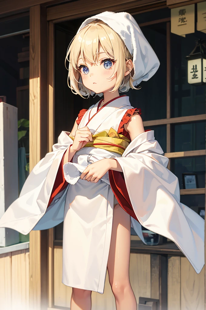 Wooden Humanoid Puppet,Wood grain body,child女に似せて作られた,wear the kimono,child,児,Small,Illustrated,((Hand out a towel)),zoom in, body is doll