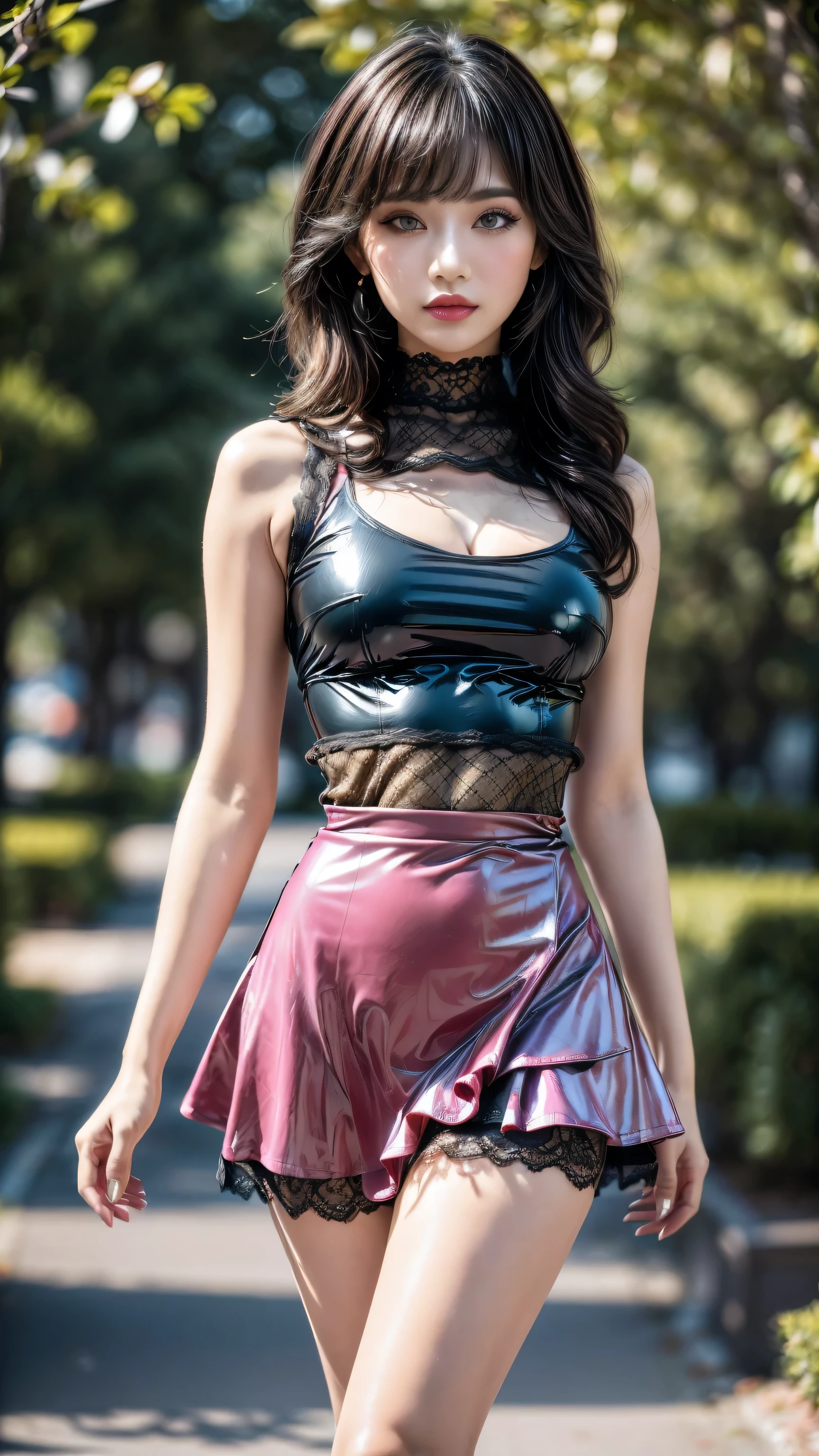 quality\((ultra high resolution)), ((An improvement of the most absurd quality:1.3)), (photorealistic Realism 16K Quality), vivid colors, ((vivid colors, multicolor (orange, silver, pink, purple) in her outfit:1.3), (ultra-fine digital art\), person\((1 woman: 1.4 20 years old)), (highest quality texture skin), (Highly quality texture hair), (curly hair, ((slicked to the two side)), highly intricately details), (perfect proportions), (narrow waist), medium ass,beautiful cheekbones,slim belly:1.2,(slim-muscled body:1.22), (firm and full breasts), (Ultra high-res Realistic eyes, clear sharp, absurd quality, not blurry), ([eye|perfect(eyeshadows)]:[brown:1.35|pink]), detailed lips, (pink_makeup:1.35), blue_eyelashes, glossy red_lipstick:1.2, (perfect dark_eyeshadows:1.45), (super detailed professional makeup on eyes:1.22)., BREAK, (microscopic street outfit:1.28), (minimalist provocative styling outfit:1.2), (White tight Dress made of lace fishnet, Dolce & Gabbana, Floral style:1.25), (elegant fashion intricate details:1.25), ((clothes made of silk and imprinted flowers:1.15)), (Wearing tight fitting dresses)), (black latex:1.2), (latex bodysuit laced), (Intricately details multi-layer (Ruffled Black Gothic Punk Skirt) lace and fishnets:1.2), (white lace-up), Ultra intricate detailed, 16K\, BREAK, background\((walking in the park)), Cinematic Light, (octane rendering, ray tracing), ((photo from head to knee:1.3)),
