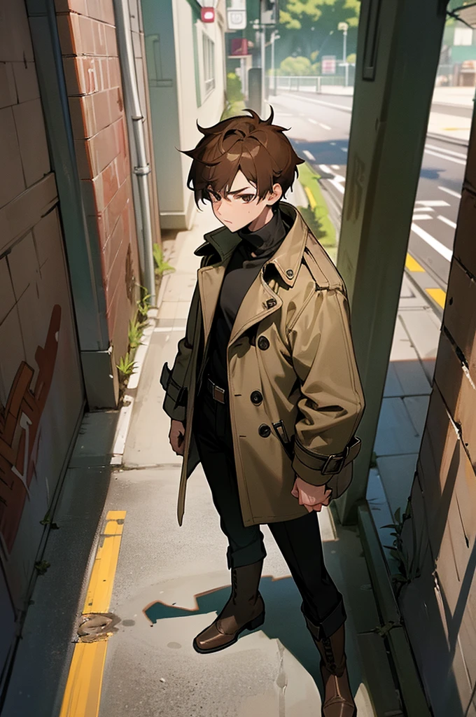 Hyper detailed, Best quality, UHD, Ultra high resolution, (16K), ((anatomically correct)), 1male, brown hair, medium length, hazel eyes, serious expression, dark green trench coat, black turtleneck, baggy black pants, brown boots, standing on a path, urban alley with graffiti