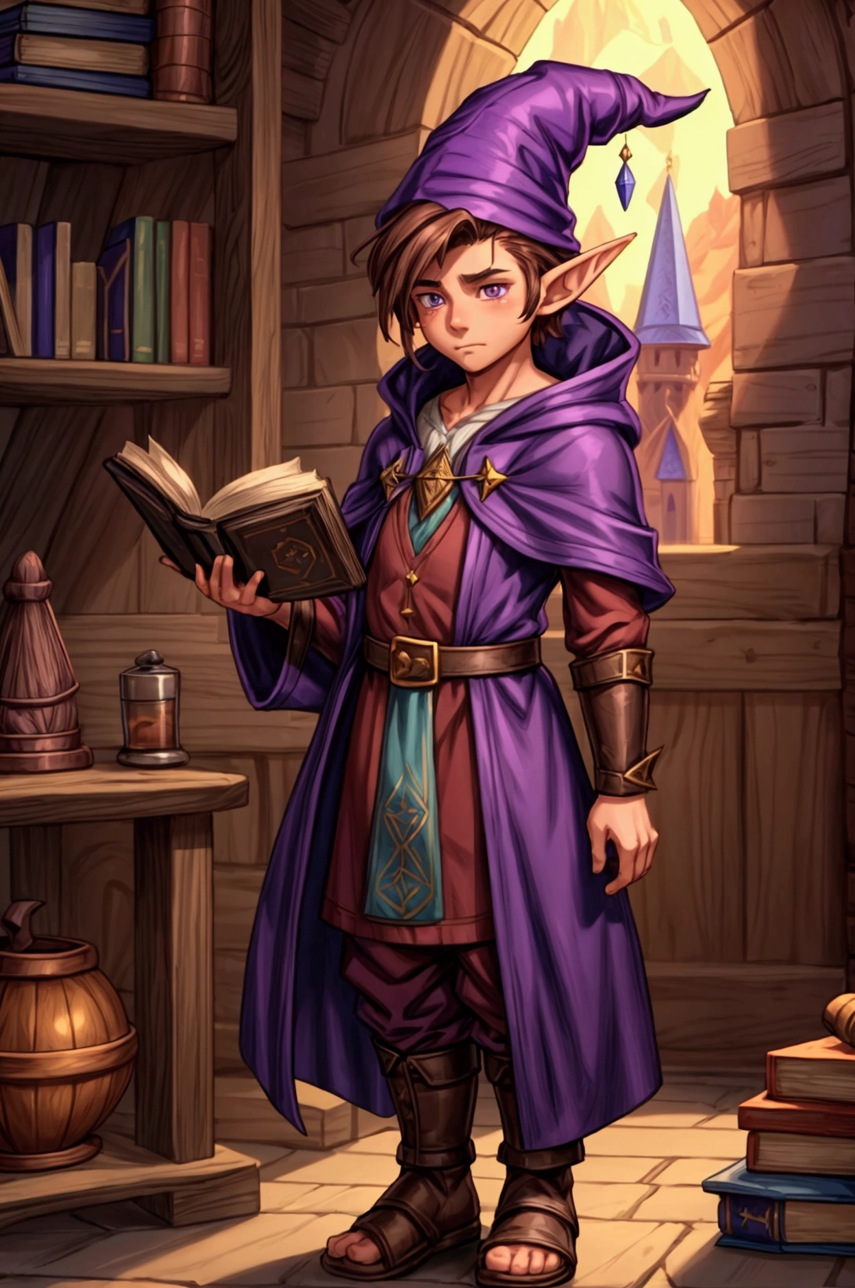 Young Gnome, Fantasy gnome, Alchemist magician, Young Sorcerer, pointy ears, Barba outfit, Brown hair, tousled hair, tunica address, purple clothes, pointed hat, sorcery book, Stubble, short stature, little, low, Simple details, anime, 4k