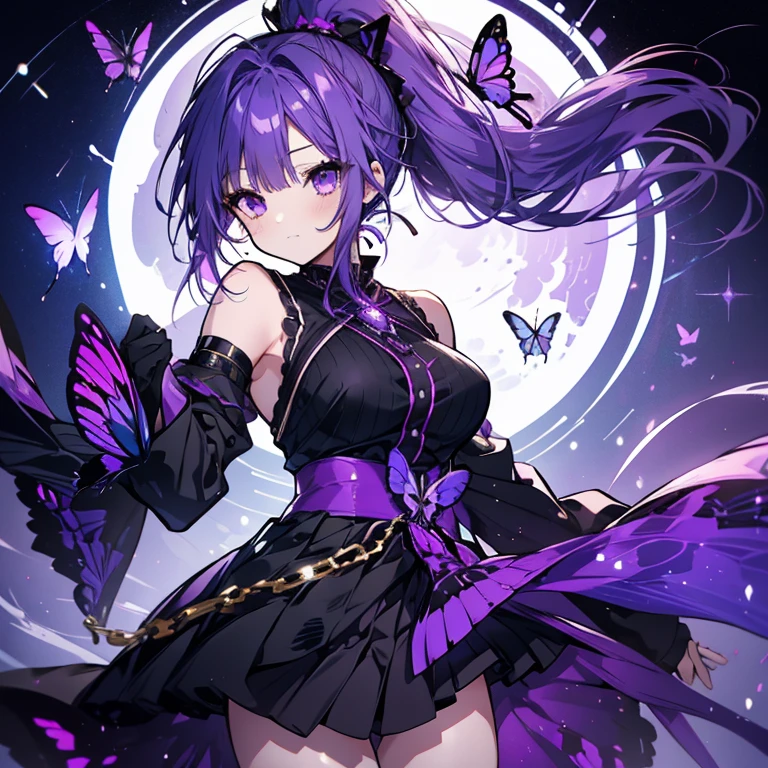 1 girl、Mature、Ample breasts、Long Hair、Purple Hair、ponytail、ハイponytail、Ballerina Costume、Black costume、Miniskirt、Purple butterfly、Braided、High resolution、Highest quality、Like a jewel、Starry Sky、Shining Moon