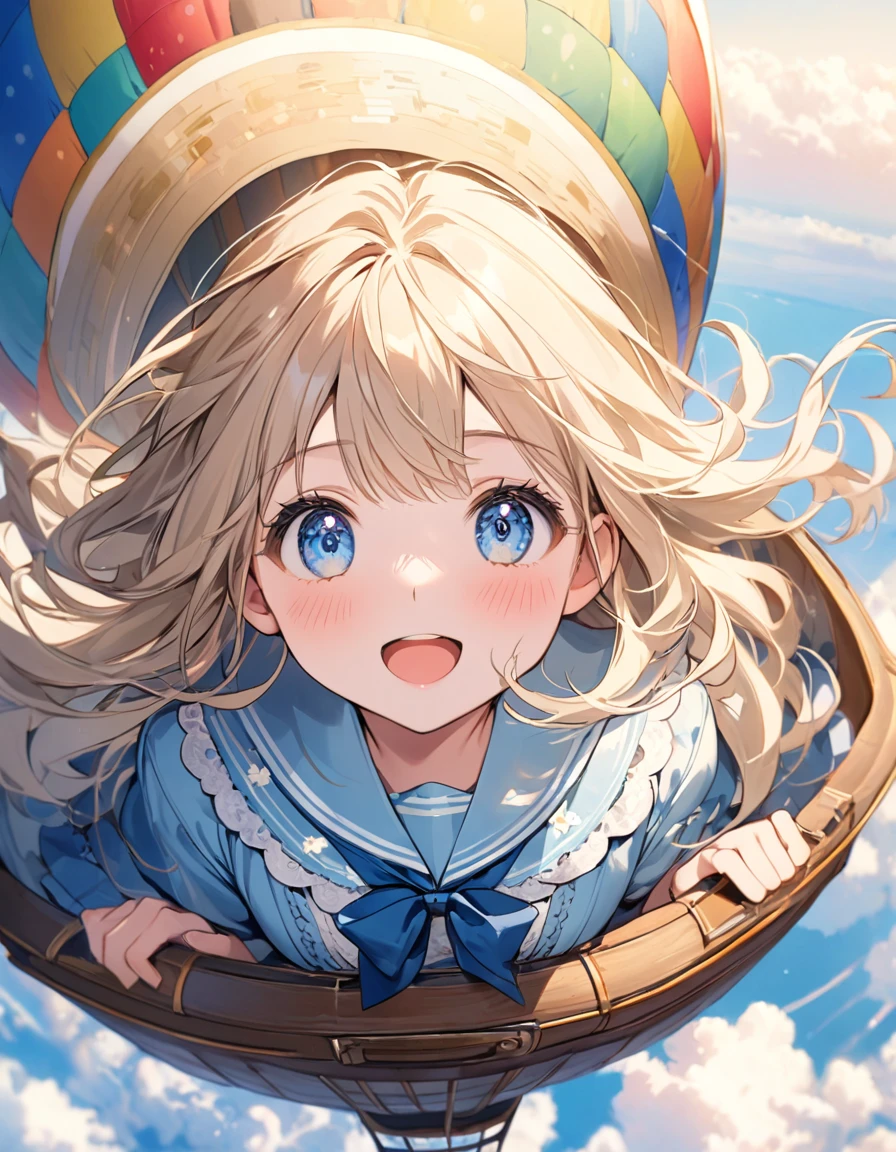 (8K, best quality, master piece: 1.2),super high resolution,1 girl,solo,13yo,in the hot air balloon,ultra-detailed face,detailed eyes,Beige hair,long hair,floating hair,blue eyes,lash extension,happy,nose blushfloral pattern sailor collar lolita fashionin(Light blue:1.5),overhead shot,in the sky