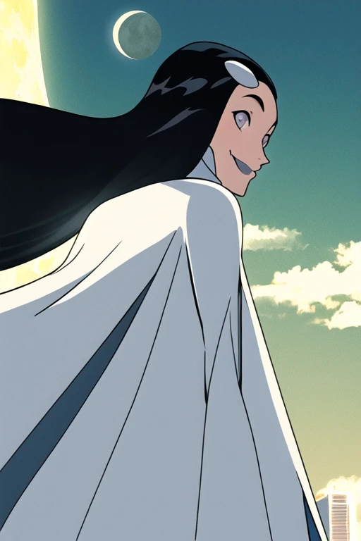 Tinya Wazzo, solo,black hair, long hair. grey eyes, smile, grey lips, white cape, cloak cape, best quality, masterpiece, 1girl, Masterpiece, Best Quality, Detail, city, moon, night, From Behind, From Below, cape in front, looking at view