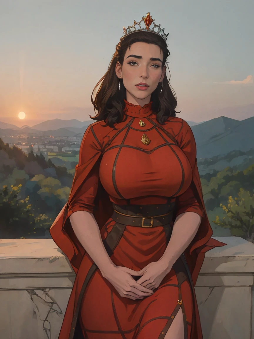 Gorgeous and sultry busty athletic (thin) brunette queen with sharp facial features wearing a modest updo, dark red medieval dress, long sleeves, intricate patterns, scrollwork, wide neck, crown, veil, long dress, modest dress, tight bodice, silver belt, (waist chain), medieval jewelry, Middle Ages, castle, rampart, wall, exterior, on top of a castle wall, trees, countryside, evening, sunset.