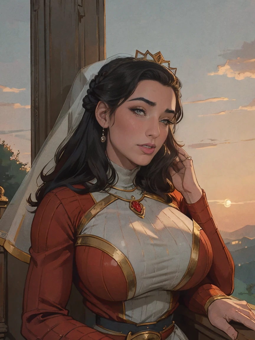 Gorgeous and sultry busty athletic (thin) brunette queen with sharp facial features wearing a modest updo, dark red medieval dress, long sleeves, intricate patterns, scrollwork, wide neck, crown, veil, long dress, modest dress, tight bodice, silver belt, (waist chain), medieval jewelry, Middle Ages, castle, rampart, wall, exterior, on top of a castle wall, trees, countryside, evening, sunset.