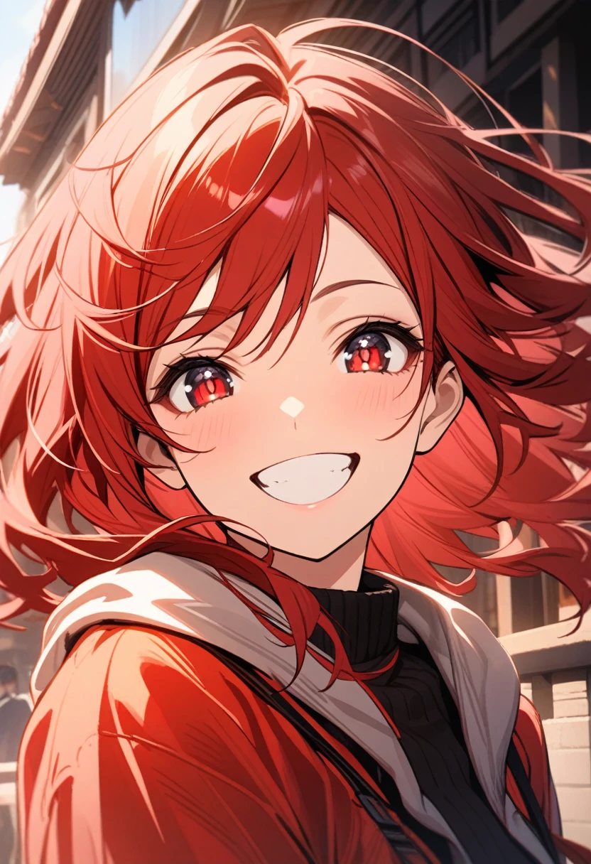 beautiful girl, 1girl, looking at viewer, standing, upper body, red hair, beautiful face, outside, wind blowing, detailed face, eyeliner, detailed red gradient eyes, shiny red eyes, black pupils, , face focus, pretty smile, happy, teeth, wide smile