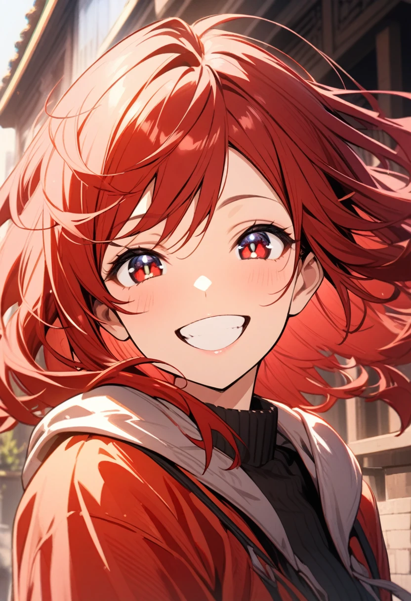 beautiful girl, 1girl, looking at viewer, standing, upper body, red hair, beautiful face, outside, wind blowing, detailed face, eyeliner, detailed red gradient eyes, shiny red eyes, black pupils, , face focus, pretty smile, happy, teeth, wide smile