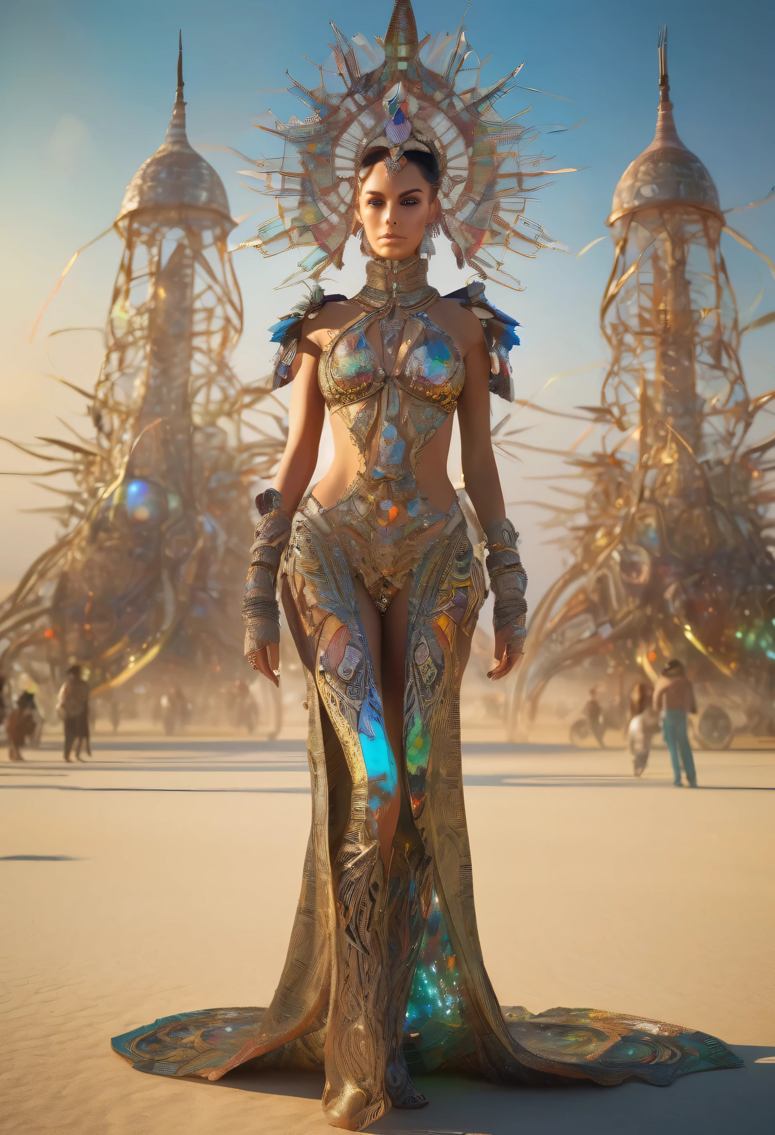 full body shot photo of the most beautiful artwork in the world featuring a beautiful woman dressed in an intricate outfit at burning man in the desert, iridescent, trending on ArtStation, CGSociety, Intricate, High Detail, Sharp focus, dramatic, photorealistic painting art by Greg Rutkowski