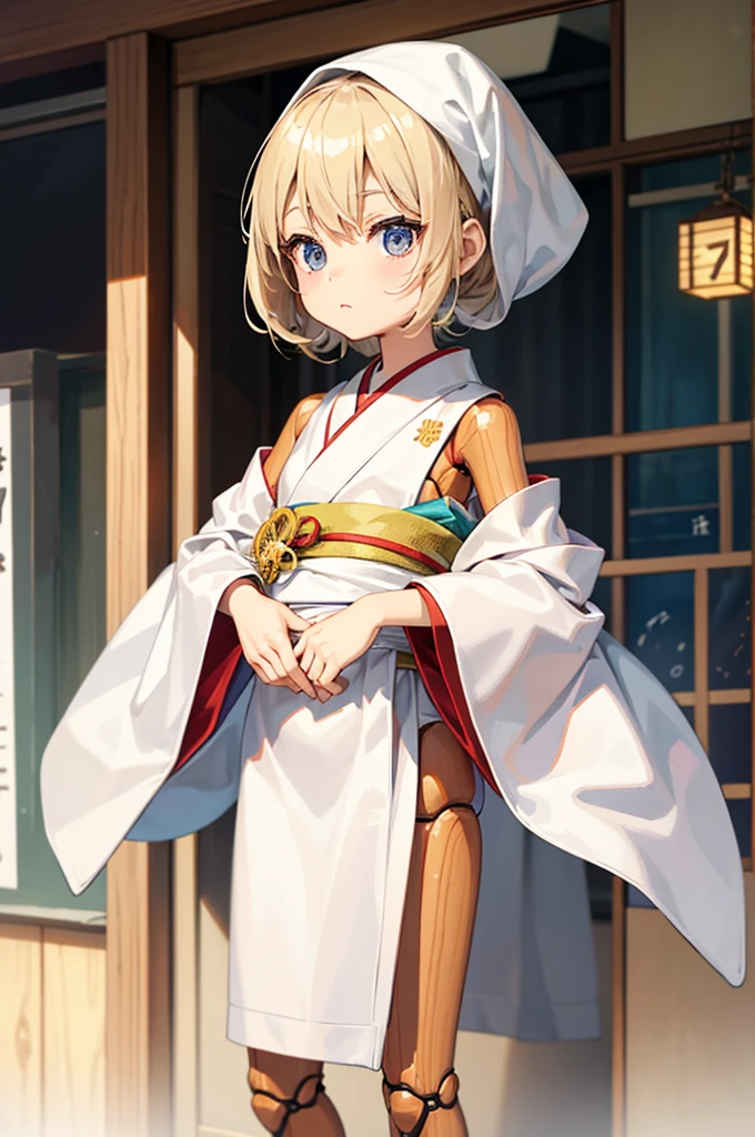 Wooden Humanoid Puppet,Wood grain body,child女に似せて作られた,wear the kimono,child,児,Small,Illustrated,((Hand out a towel)),zoom in, body is doll