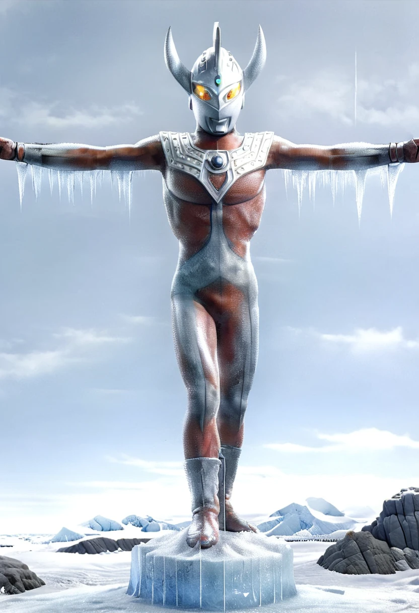 masterpiece,realistic photo,highres,highquality,Giant hero Ultraman Taro is crucified on a giant cross in Antarctica..,The light in his eyes and the color timers went out and turned gray..,thin body is covered with frost,Muscular but thin arms and thighs,The bulge in crotch is too big,silhouette of the penis is visible,dialogue'help...help me...brother...please...'