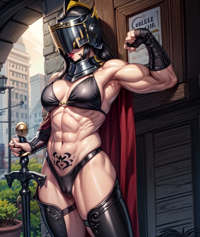 1 girl muscular muscular muscular muscular black hair yellow eyes pale skin breasts, abdomen tattoo, tongue out lick winking flirting kiss, , collar,gladiator, stockings, helmet, fit , flat chest