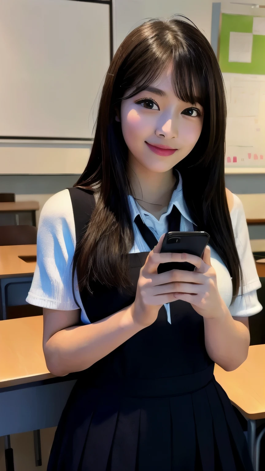 Looking at a smartphone happily in a school classroom