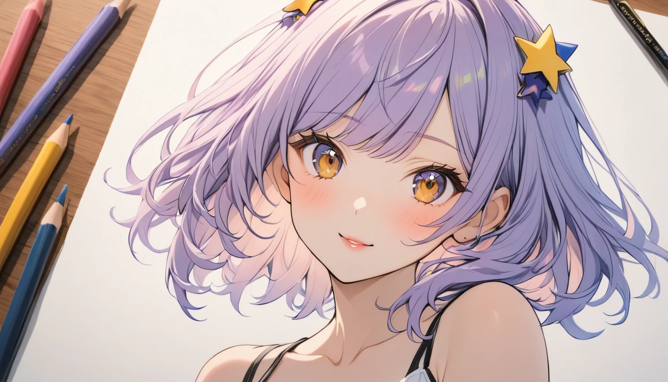 woman,Short camisole,white,art,advertisement,Colored pencil drawing,draft 、Light purple hair、star shaped hair accessories、Yellow Eyes、