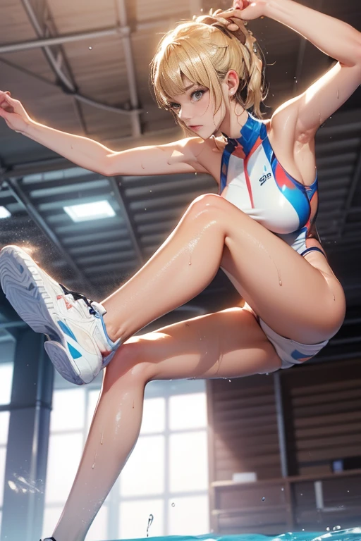 ((Masterpiece, top quality, high resolution, highly detailed CG unified 8K wallpaper)), (huge stunning goddess shot, very hot and sexy, jaw-dropping beauty, perfect proportions, beautiful body, slim body beauty:1.3), Olympics, athletics stadium at night, female athlete long jumping under the lights, moment of jumping, sports photo, wet body, sweaty, shining skin, oiled body, blonde hair, brown skin, wearing swimsuit and sneakers, white competitive swimsuit is wet and transparent,