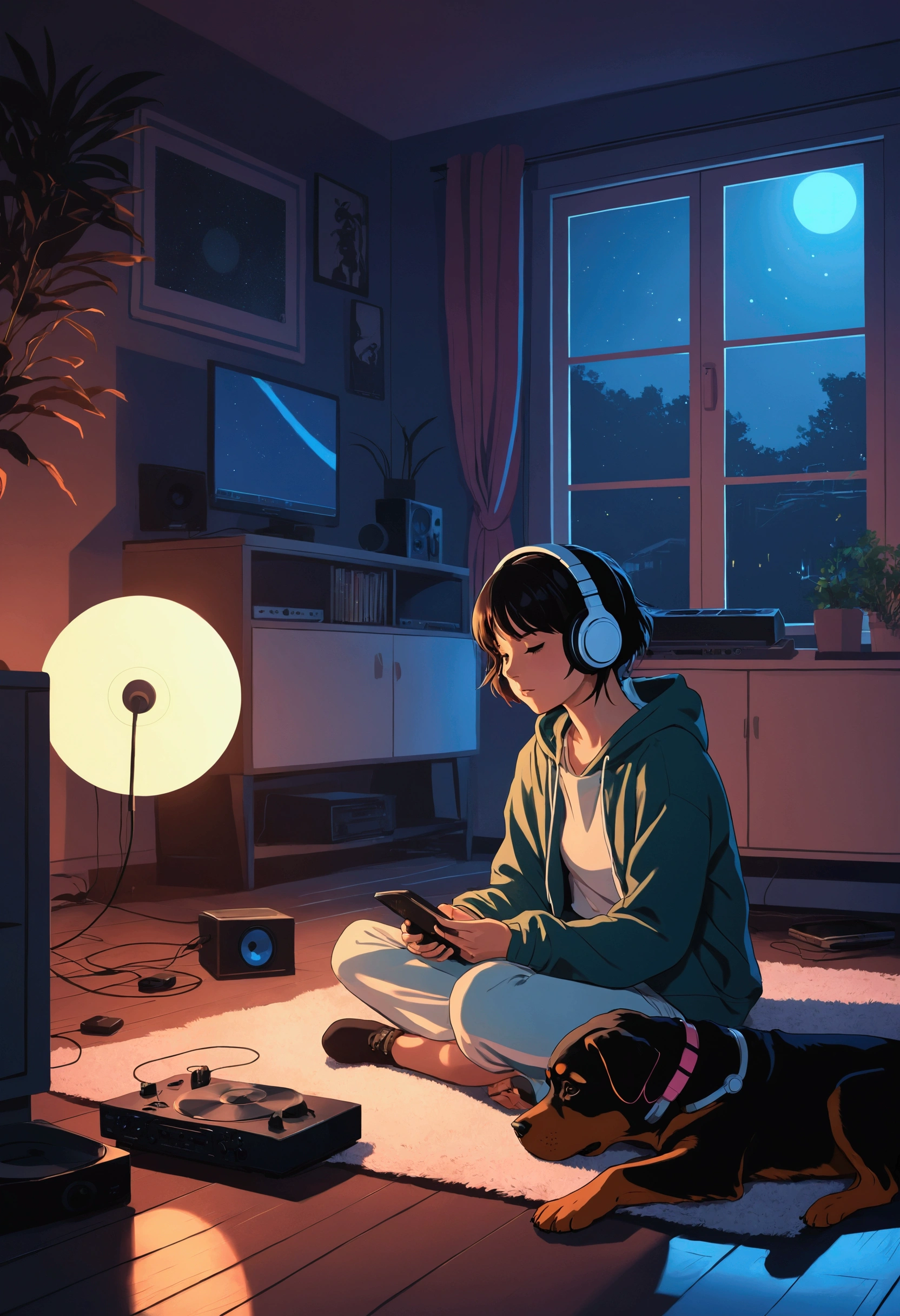 Girl listening to music in a cozy room at night, Using headphones, 2D style anime, Lo-fi, hard disk, Dark environment, Rottweiler puppy dog on the side lying on the ground