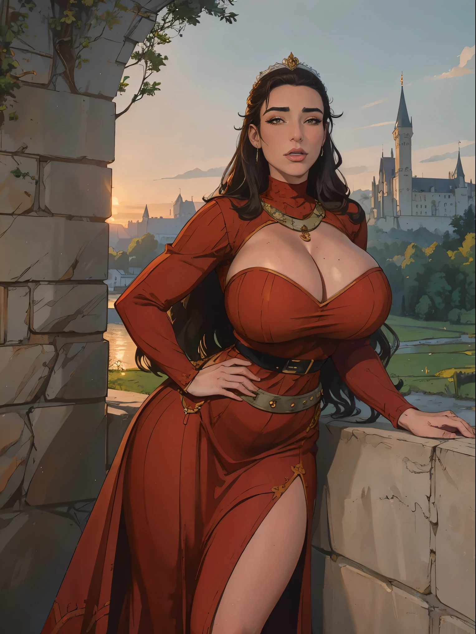 Gorgeous and sultry busty athletic (thin) brunette queen with sharp facial features wearing a modest updo, dark red medieval dress, long sleeves, intricate patterns, scrollwork, wide neck, crown, veil, long dress, modest dress, tight bodice, silver belt, (waist chain), medieval jewelry, Middle Ages, castle, rampart, wall, exterior, on top of a castle wall, trees, countryside, evening, sunset.