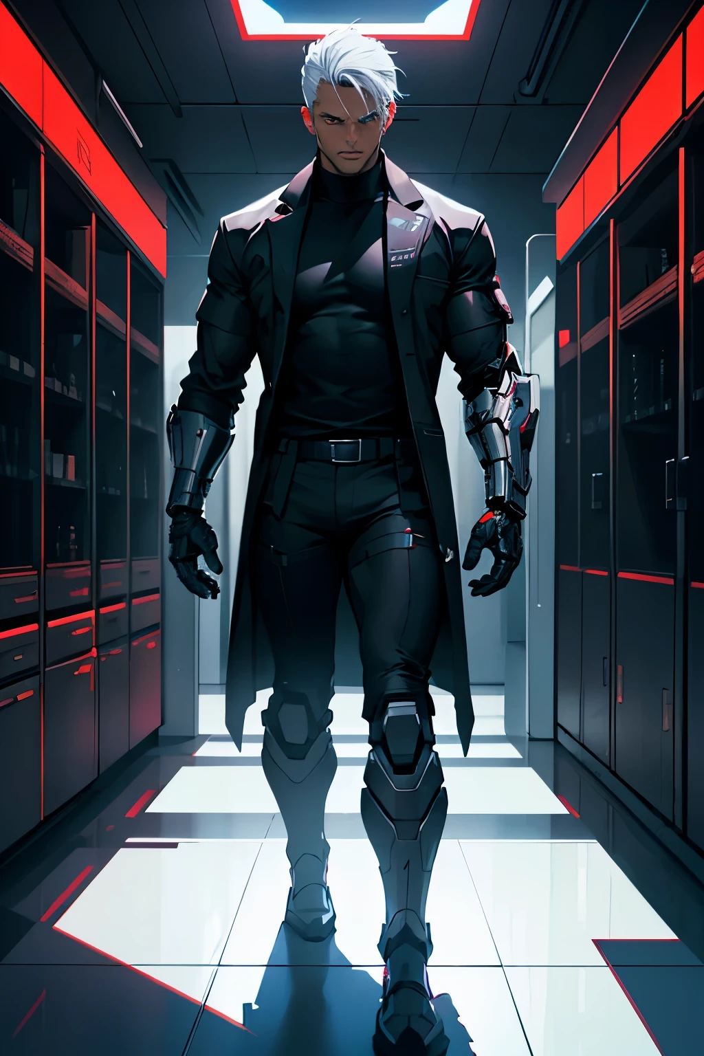 Create a book cover for “The Diminishing Persistence” featuring Obsidian, a brown-skinned male with white hair. He wears a lab coat over a skin-tight black shirt that shows his defined physique. He stands in the dark interior of a spaceship, a metallic room with futuristic elements. The lighting is dark with hues of red and blue. Obsidian stares into a slightly cracked mirror, his terrified expression and metallic robotic prosthetic arm reflected. The dim lighting casts shadows, enhancing the unsettling, mysterious atmosphere of the story.