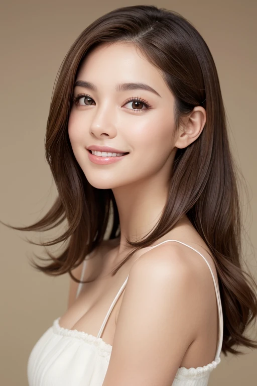 A realistic, beautiful young woman in her early 20s with short natural brown hair and brown eyes. She has an oval face with soft contours, large eyes with double eyelids, a small well-shaped nose, and naturally pink, slightly full lips. Her skin is healthy and smooth with a slight natural sheen. She is smiling with faint laugh lines at the corners of her eyes, and she is in a natural, relaxed pose. The lighting is natural or soft, and the background is a simple studio setting or a natural landscape.