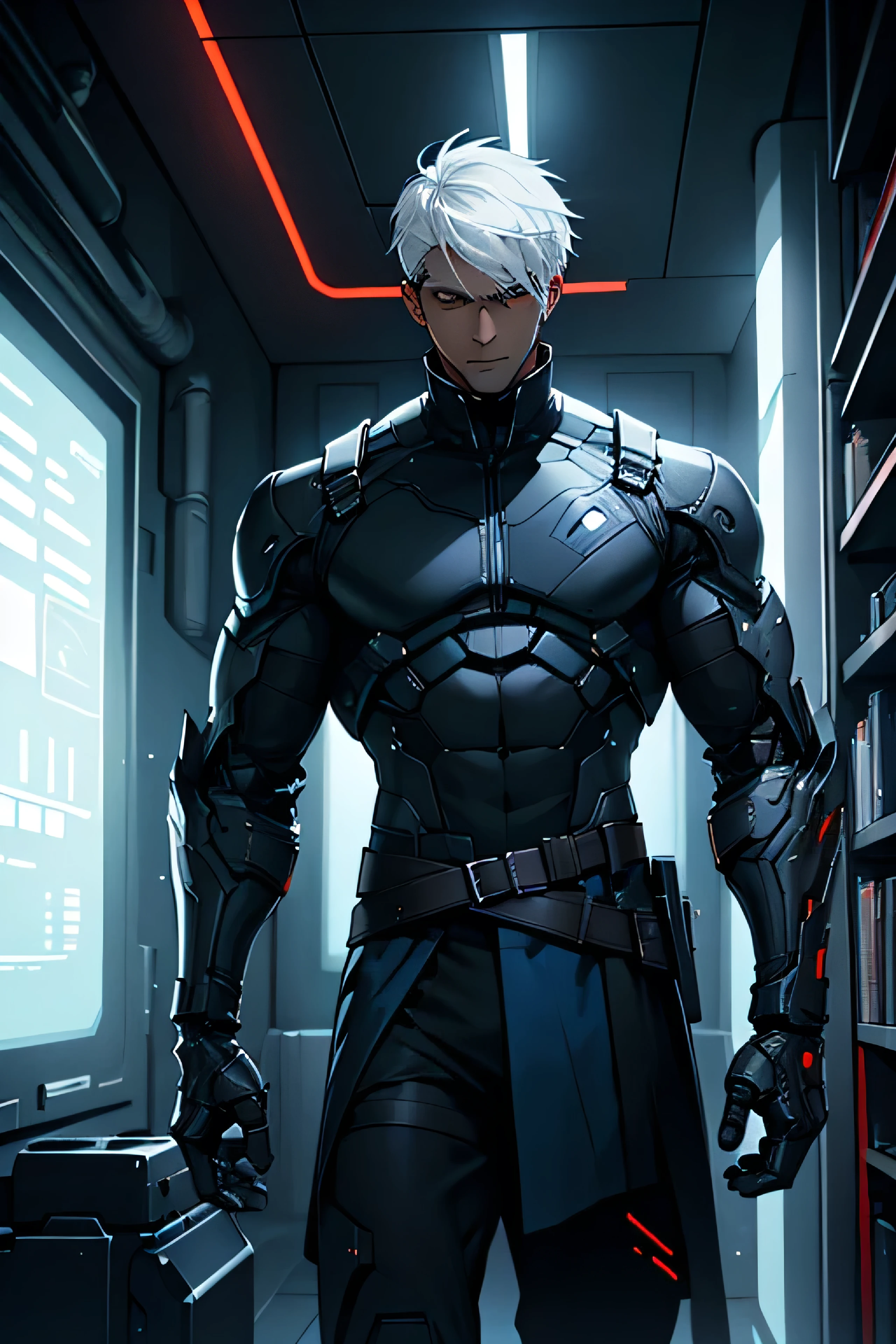 Create a book cover for “The Diminishing Persistence” featuring Obsidian, a brown-skinned male with white hair. He wears a lab coat over a skin-tight black shirt that shows his defined physique. He stands in the dark interior of a spaceship, a metallic room with futuristic elements. The lighting is dark with hues of red and blue. Obsidian stares into a slightly cracked mirror, his terrified expression and metallic robotic prosthetic arm reflected. The dim lighting casts shadows, enhancing the unsettling, mysterious atmosphere of the story.