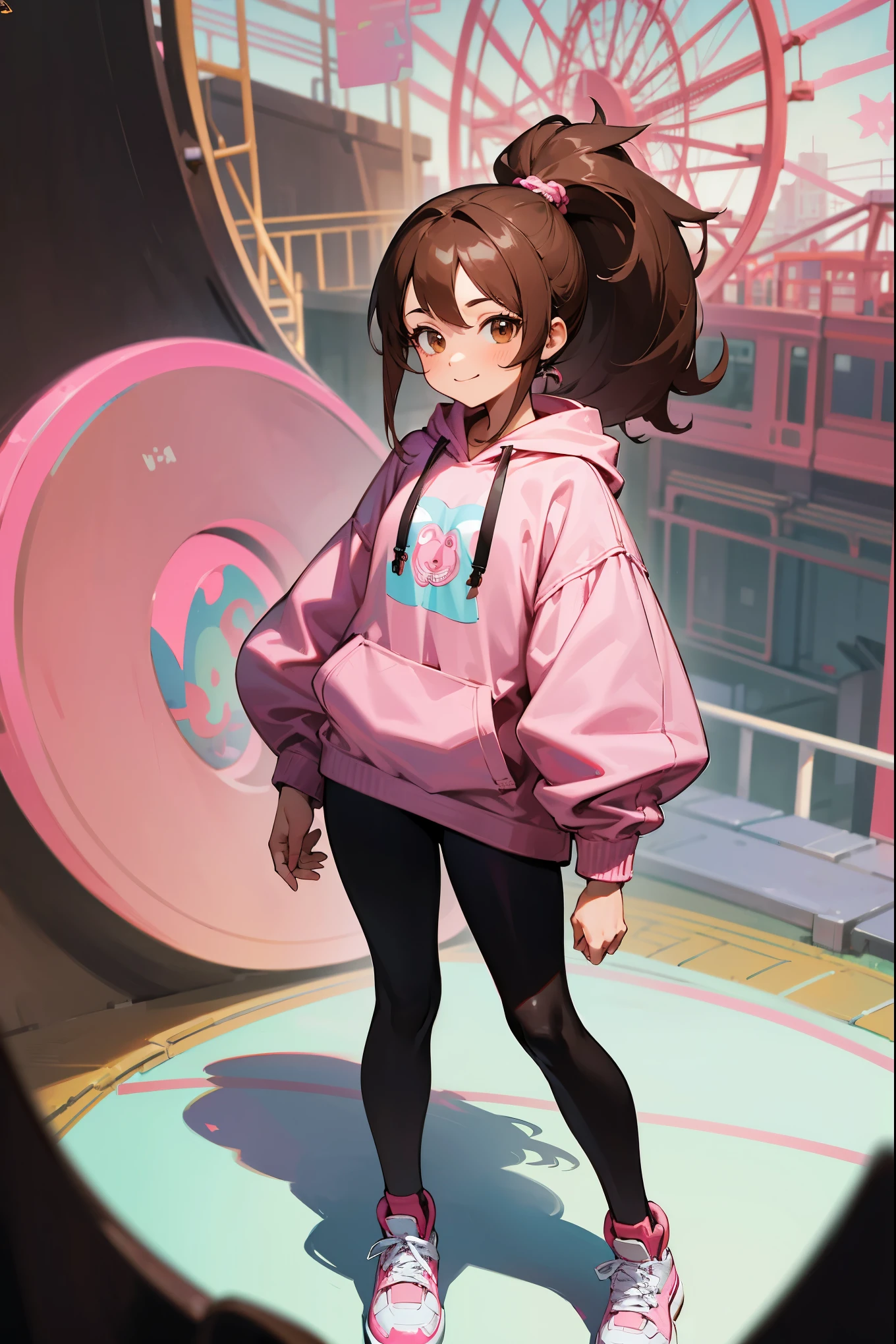 Hyper detailed, Best quality, UHD, Ultra high resolution, (16K), ((anatomically correct)), 1female, brown hair, ponytail, brown eyes, happy expression, pink hoodie, black leggings, white sneakers, standing on a path, amusement park background with a ferris wheel