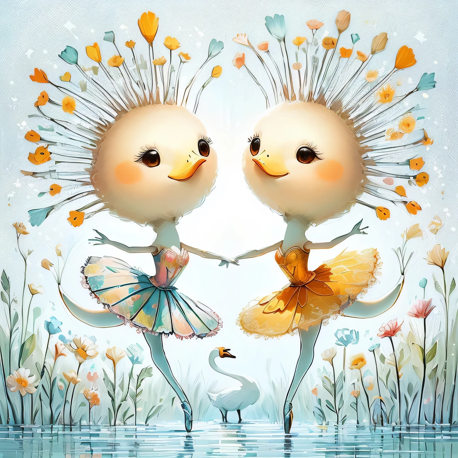 painting of two ballerinas in a field of flowers with a swan, cute digital art, cute detailed digital art, a beautiful artwork illustration, whimsical art, beautiful digital artwork, beautiful digital art, gorgeous digital art, cute artwork, adorable digital painting, exquisite digital illustration, very beautiful digital art, beautiful digital illustration, by Jan Sawka, dancing with each other