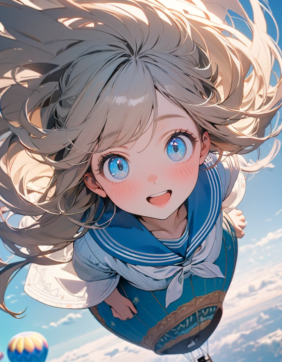 (8K, best quality, master piece: 1.2),super high resolution,1 girl,solo,13yo,in the hot air balloon,ultra-detailed face,detailed eyes,Beige hair,long hair,floating hair,blue eyes,lash extension,happy,nose blushfloral pattern sailor collar lolita fashionin(Light blue:1.5),overhead shot,in the sky