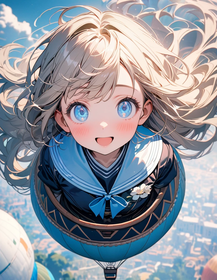 (8K, best quality, master piece: 1.2),super high resolution,1 girl,solo,13yo,in the hot air balloon,ultra-detailed face,detailed eyes,Beige hair,long hair,floating hair,blue eyes,lash extension,happy,nose blushfloral pattern sailor collar lolita fashionin(Light blue:1.5),overhead shot,in the sky