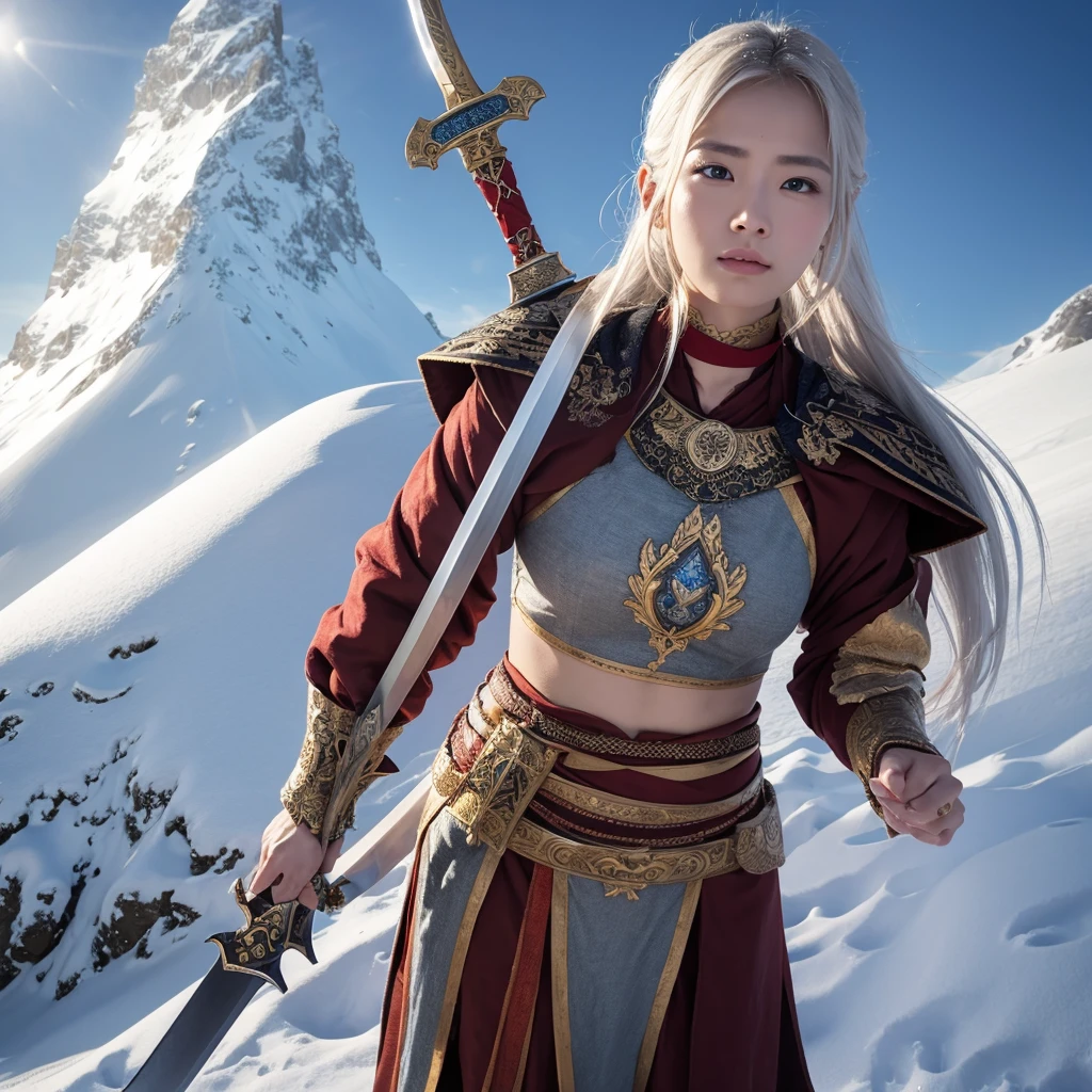 Draw the Sword of Snowy Mountain, Ancient women&#39;s cold ice flame sword, A sword blazing with blue flames in hand, A sword in white dancing in the snow, long hair fluttering, Beautiful woman holding a silver sword, Wearing jade jewelry, Her face is full of a confident smile, She&#39;s floating in the clouds like a fairy, Behind her is a mountain々There are layers of  