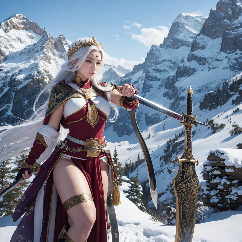 Draw the Sword of Snowy Mountain, Ancient women's cold ice flame sword, A sword blazing with blue flames in hand, A sword in white dancing in the snow, long hair fluttering, Beautiful woman holding a silver sword, Wearing jade jewelry, Her face is full of a confident smile, She's floating in the clouds like a fairy, Behind her is a mountain々There are layers of
