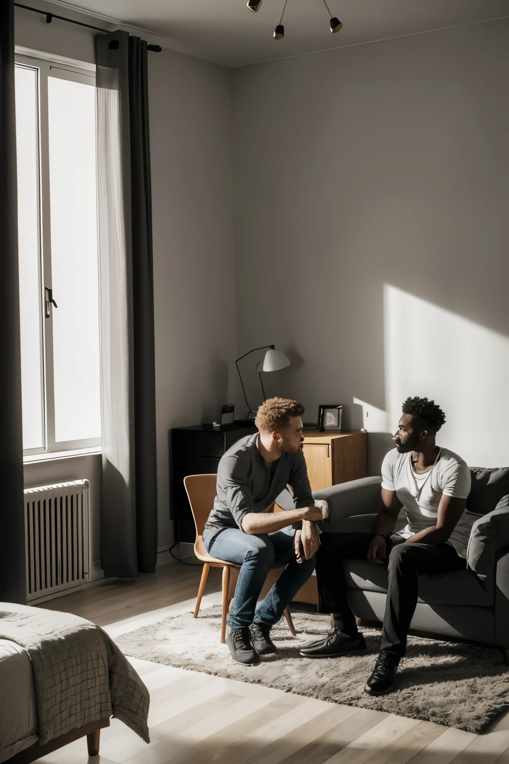 Scene depicting 2 men in an apartment room, with little light and little furniture, A white man, going towards a Black man who is sitting and taking him hostage, and points a knife at his neck .