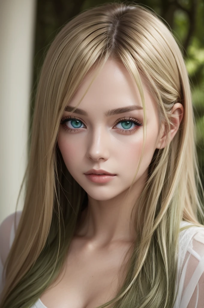 A woman with dark blonde hair and moss green eyes