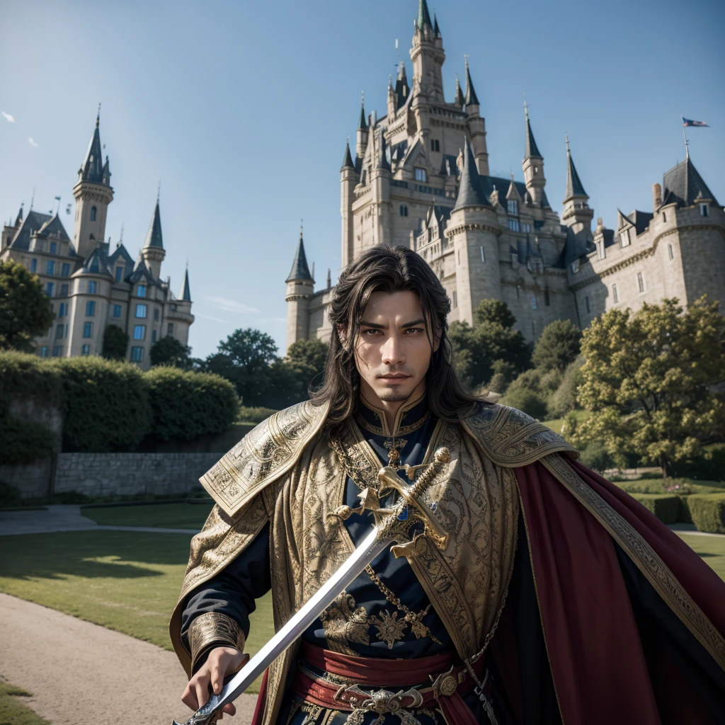 A king in front of a castle, a sword