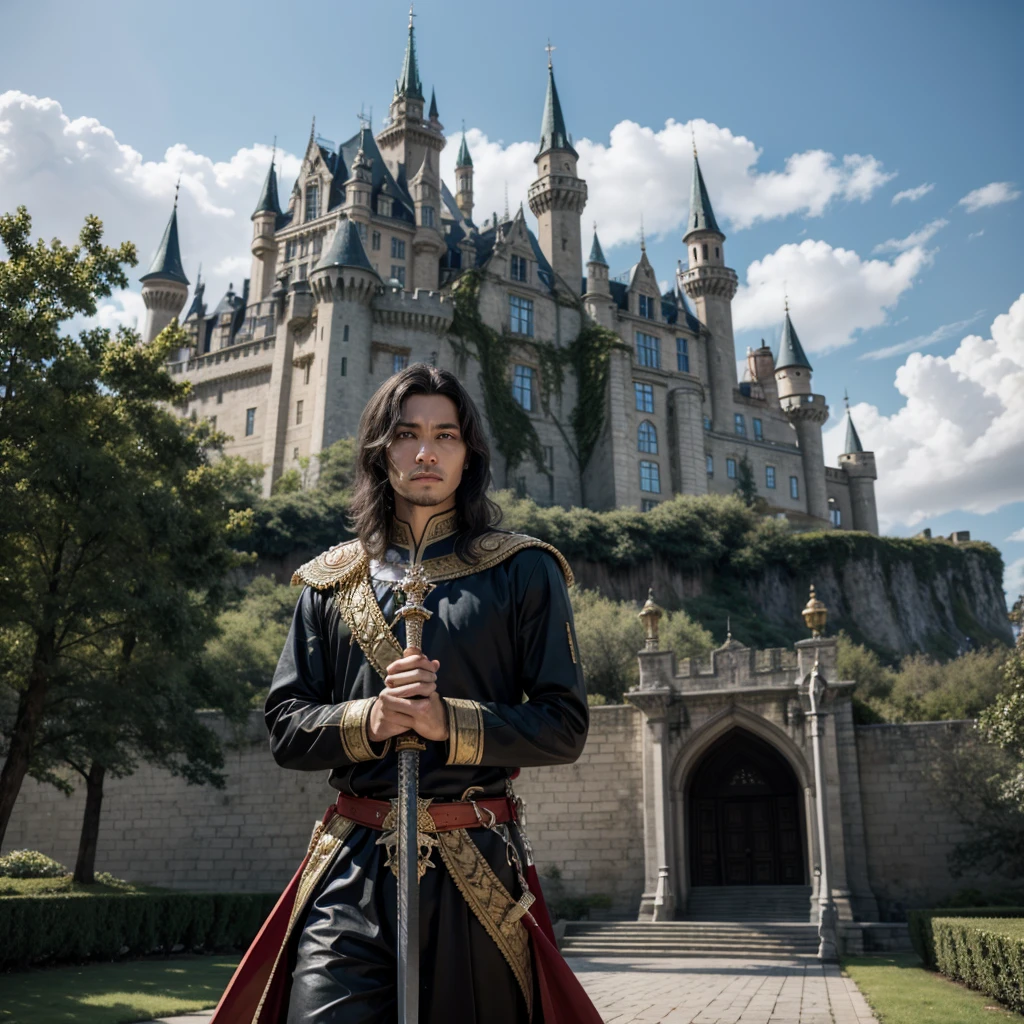 A king in front of a castle, a sword