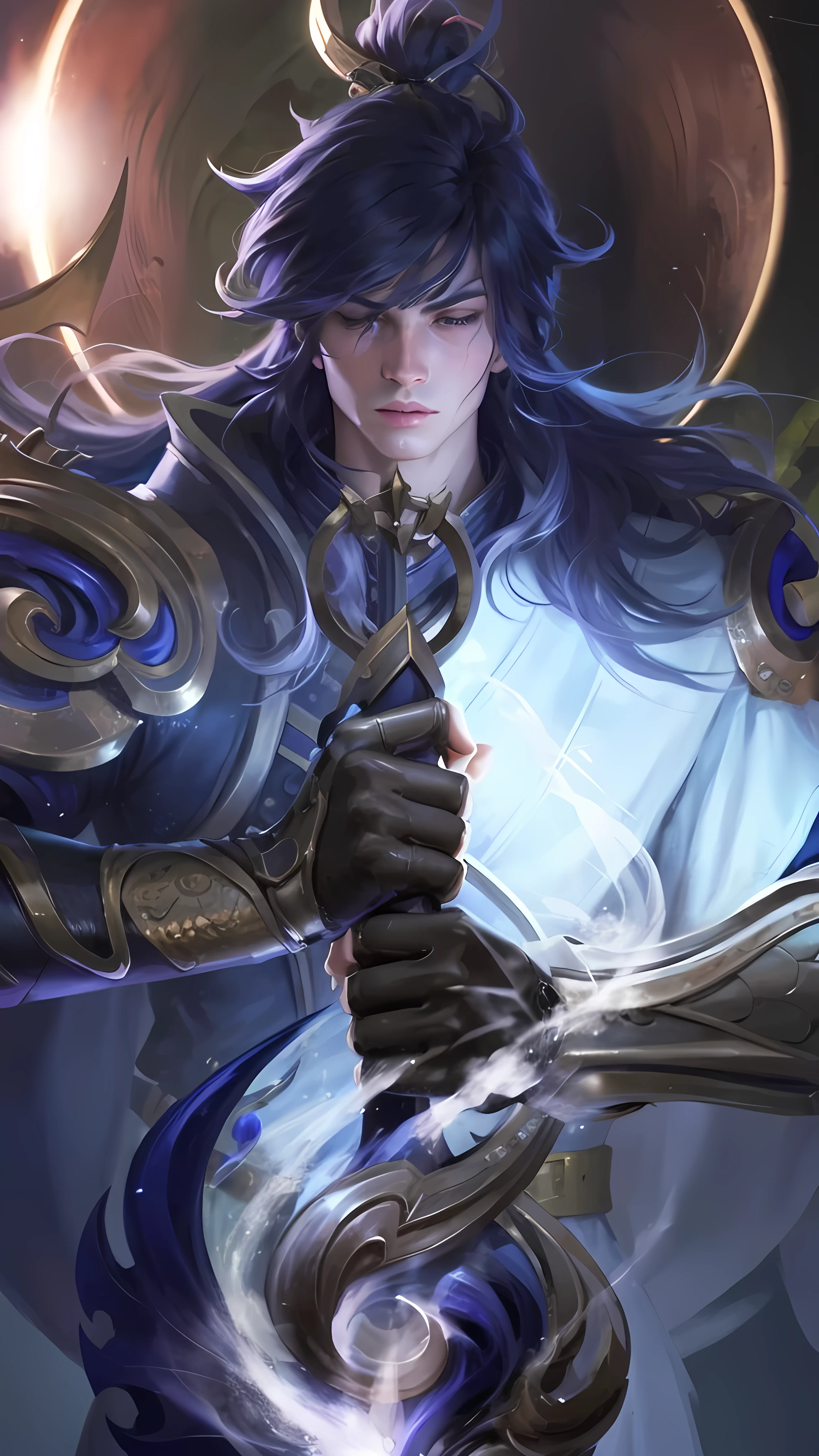 a close up portrait of a person holding a sword in a dark room, highly detailed fantasy art digital painting, artstation contest winner, hyper realistic, extremely detailed face, closed eyes, sharp focus, dramatic lighting, moody atmosphere, rich textures, warm color palette, intricate details, masterful brushwork, artgerm style, ruan jia style, heise jinyao, sylas, professional digital art, 4k, 8k, high resolution, best quality, photorealistic, award-winning
