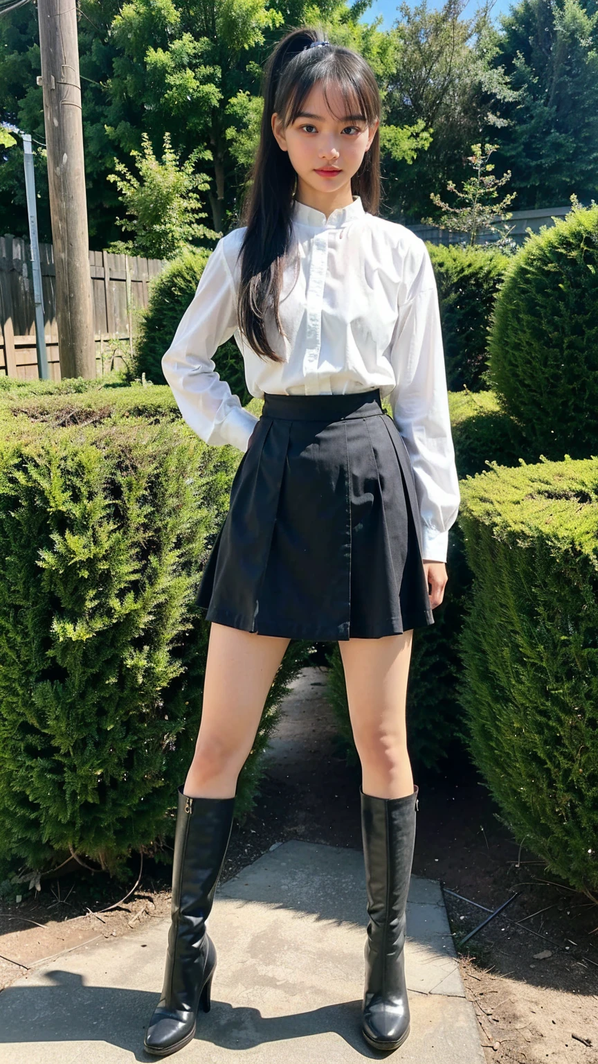(8k、RAW Photos、Highest quality、masterpiece:1.2)、(Realistic、Realistic)、1 Girl、((Black see-through dresini skirt、garden、Exposed Skin、ponytail、whole body、boots、View from the front、Looking at the camera、Stand with hands on hips))、cute