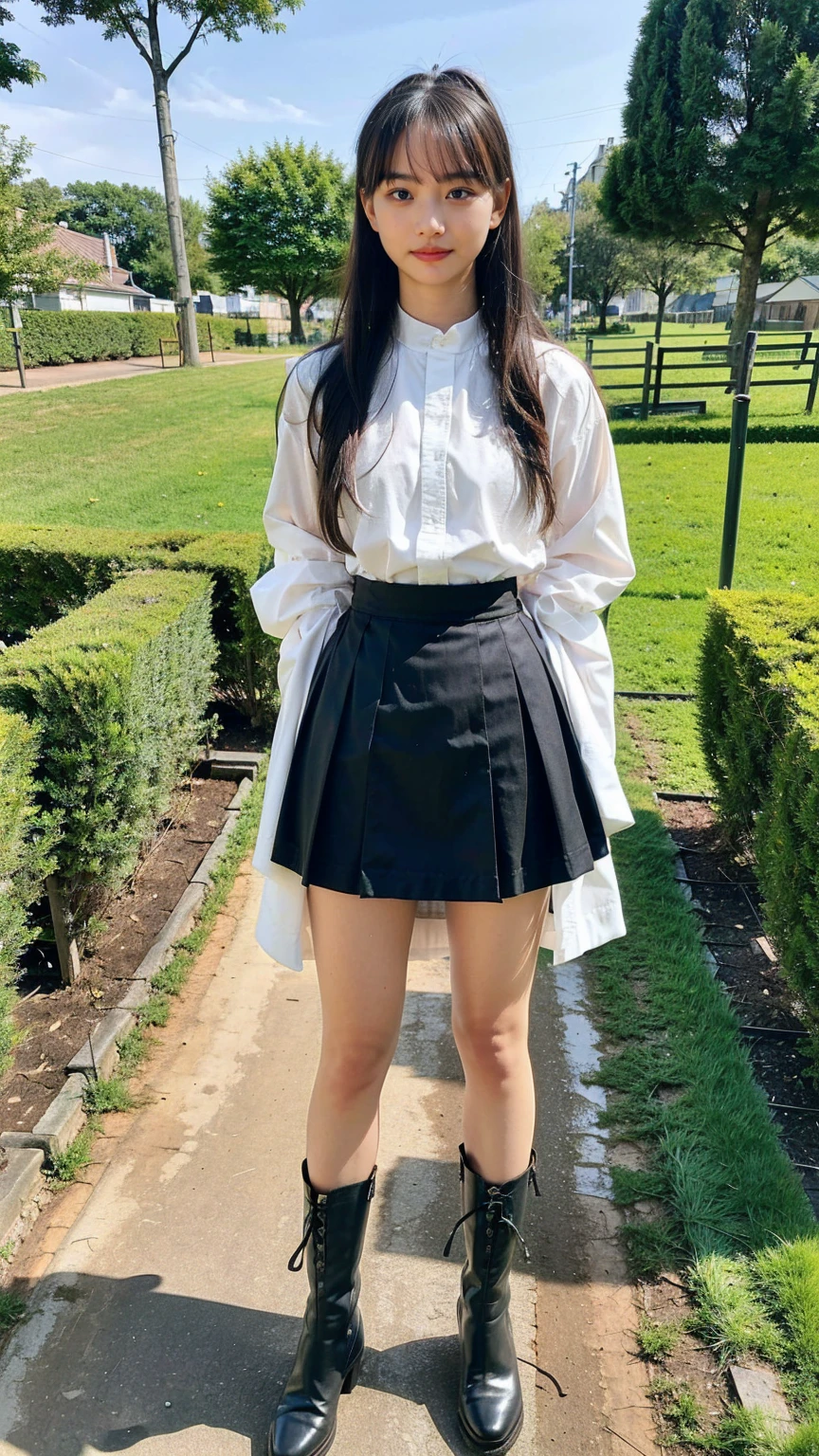 (8k、RAW Photos、Highest quality、masterpiece:1.2)、(Realistic、Realistic)、1 Girl、((Black see-through dresini skirt、garden、Exposed Skin、ponytail、whole body、boots、View from the front、Looking at the camera、Stand with hands on hips))、cute