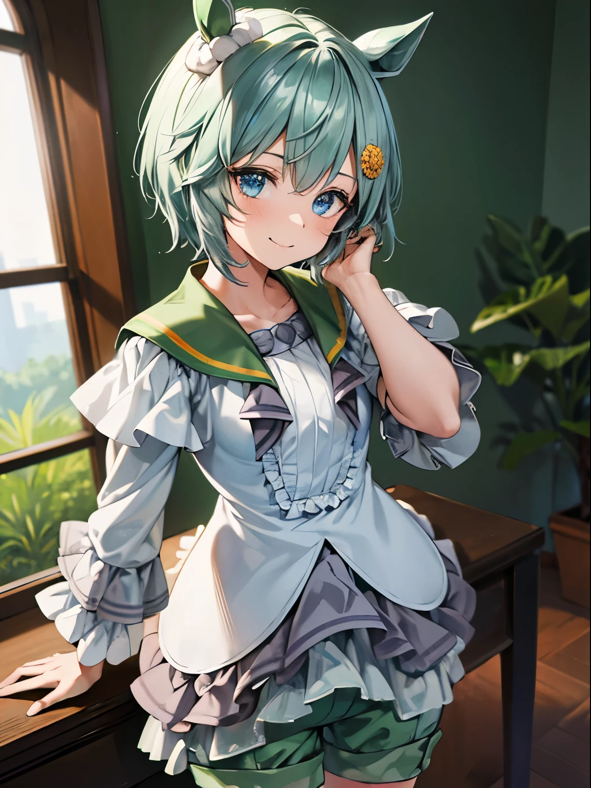 seiunsky, hairclip, hair flower, horse ears, horse tail, 1 girl, Solo, Cute Girl,Best Quality, Ultra-detailed, 8K, High resolution, detailed face, madeon, portrait, face focus:1.5 , looking at viewer, gentle smile, frills, shirt, long sleeves, green shorts, 