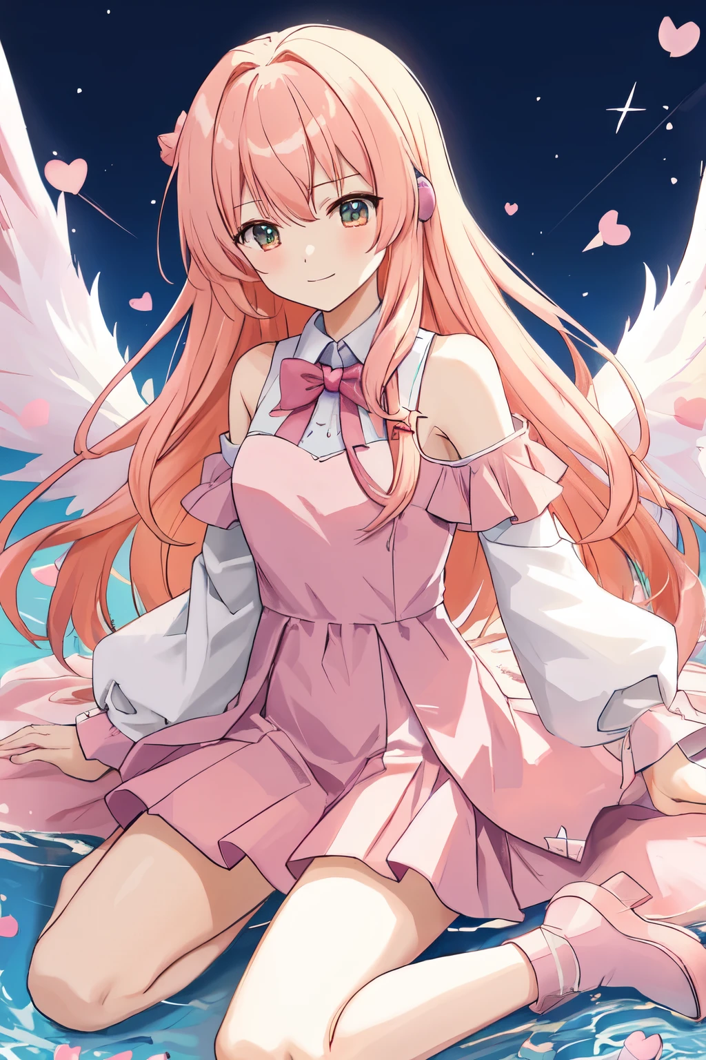 1_girl, (anime, kawai:2), (masterpeice, best_quality, clean:1.5), (sky_background:1.2), (cute, cute_smile, wholesome, young:1.8), (delicate, extremely_delicate, beautiful, thin:1.5), (girlfriend, angel:1.8), (green_eyes, simple_eyes:1.8) (long_hair, blond_hair:1.8), (combat:1.2), (wearing_pink_dress, pink_angel_wings:1.8), (combat:1.2), extremely_delicate, (love_magic:1.5), (age_size_fits_body), (small_thighs:1.3), (breasts), (eye_level:1.3), (heart_magic, love:1.8), (warm:1.8), (folded_legs:1.5)